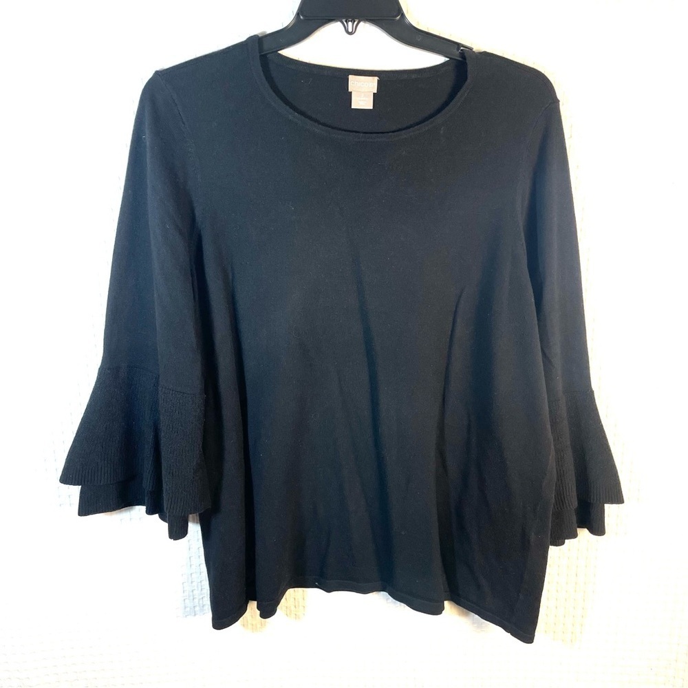 Chicos Sweater Women 3 XL Black Bell 3/4 Sleeve Pullover Top Cotton Rayon